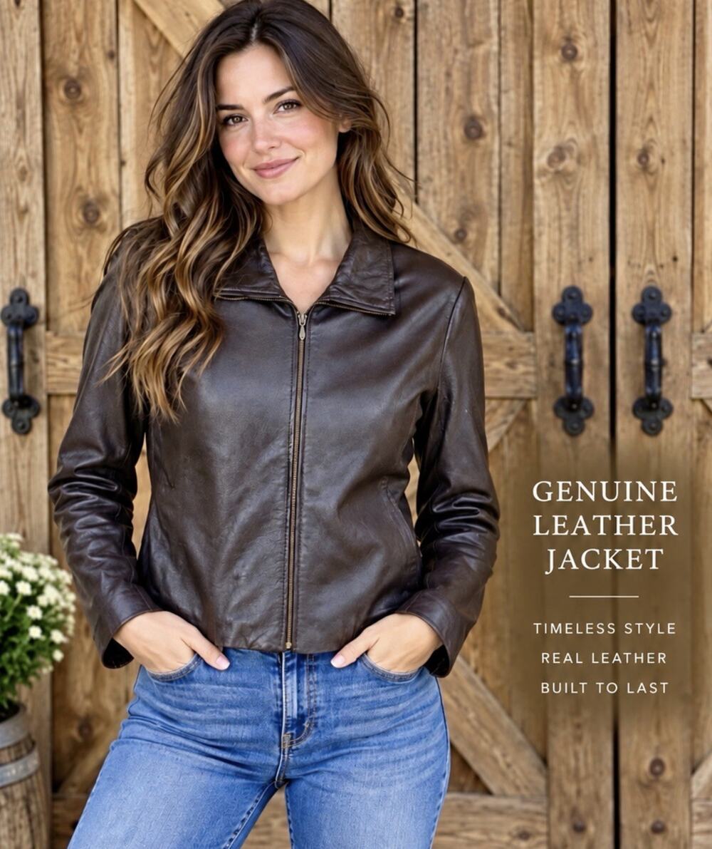 REVue Women’s Size 12 Brown Genuine Leather Jacket Zip Front Lined Pockets